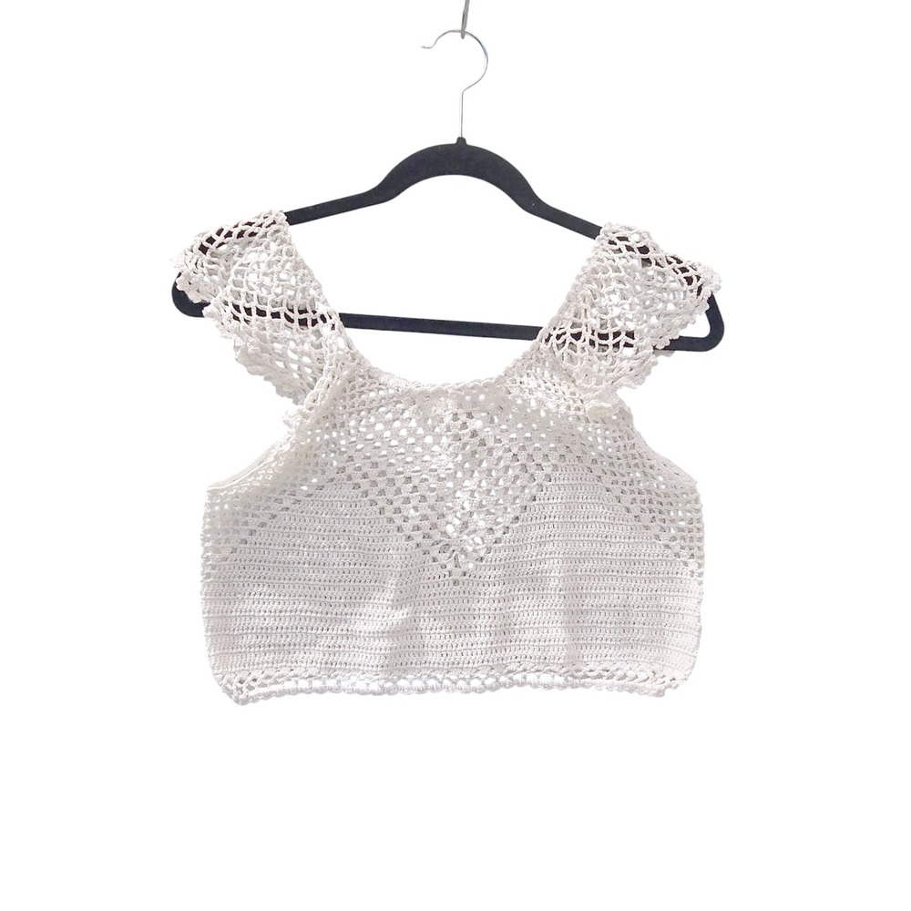 $20 EUC FOREVER 21 crochet tank shirt top M cream crochet summer daze surf layer